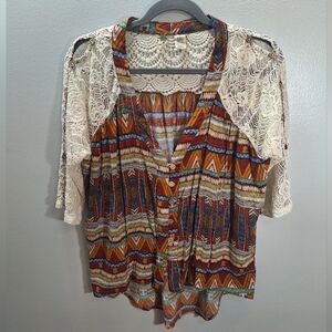 Boho Tribal Aztec 3/4 Lace Sleeves Vneck Wooden Buttons Womens Blouse Medium BKE